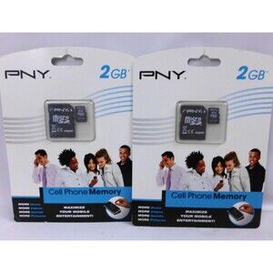 PNY 2GB MicroSD Card with Adapter Cell Phone Memory P-SDU2GB-EF Lot of 2 New